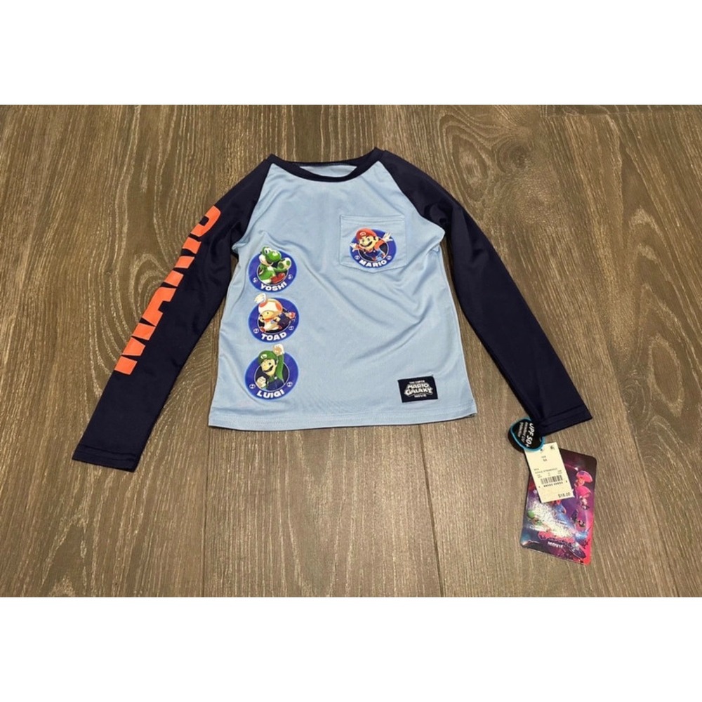 Nintendo Super Mario Galaxy Movie Rash Guard Kids XS Blue UPF 50+ Swim Shirt NWT